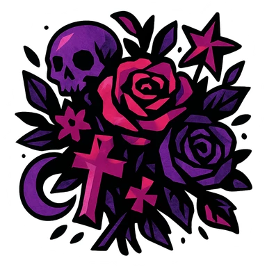 gothic bouquet, bold colors, dynamic shading, energetic, gothic motifs, black, magenta, and purple sticker