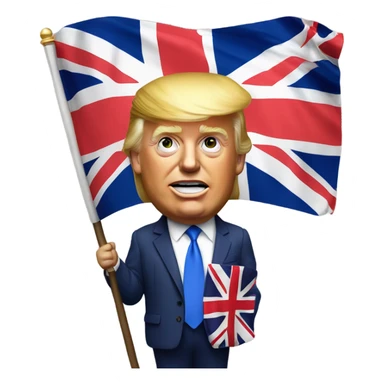 Hyper realistic Donald Trump holding a british flag sticker