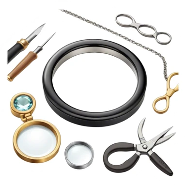 Create an icon that represents the art of jewelry making. The design should feature 1-2 pieces of jewelry, such as a ring or necklace, in progress. Include a small workbench or table, a magnifying glass, and tools like pliers and tweezers. The composition should feel elegant and detailed, showcasing the precision and skill involved in crafting jewelry. The background should be transparent. sticker