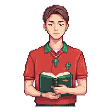 man with clean haircut, wearing a red polo shirt, holding a book and wearing a cross necklace sticker