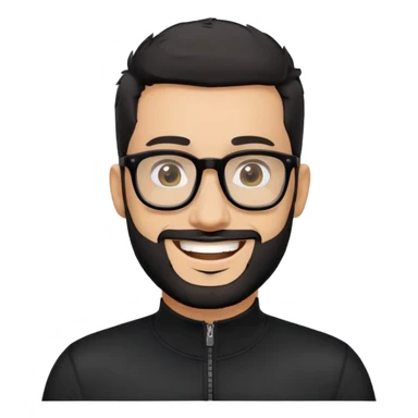 Light-skinned man with very short black hair, short salt and pepper beard, big black glasses frames, happy smile, black long sleeve zip-neck shirt sticker