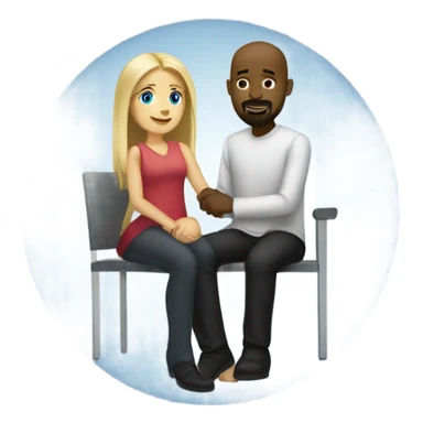 Blonde woman with blue eyes and long straight hair and black man who is bald with a goatee seated together with their legs touching and holding hands.   sticker