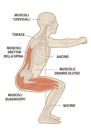 side view of a human figure performing a squat, with transparent overlays showing the skeletal structure. A straight line or highlighted axis connects the pelvis (bacino) and the ribcage (torace), demonstrating correct alignment. Key muscles involved in maintaining posture are labeled. Clean, educational style, white background. sticker