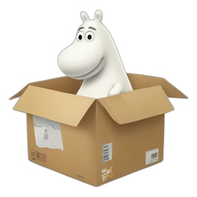 Moomin delivers a box with a big Wolt logo on it sticker
