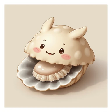 cute oyster, smiling expression, cream color, pink cheeks, doe eyes, greige shell, photorealistic style sticker