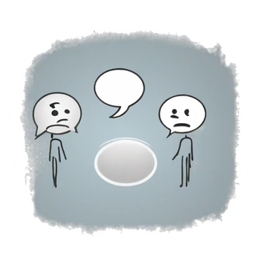 stick figure on the left talking with a speech bubble with sad face and another stick figure on the right talking to them with a speech bubble with a question mark sticker