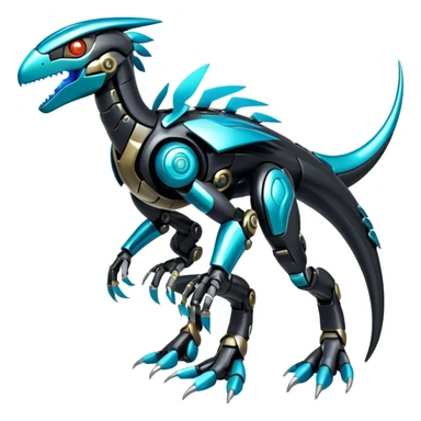 Shiny Futuristic Celestial Glossy-Metallic-Alloy Cyborg-Fakemon-Pokemon-Digimon-Spectrobes-Raptor-fusion, full body, four legs, black body, cyan accents, scales sticker
