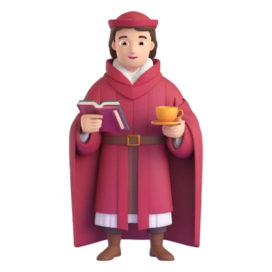 person with book and teacup, Chaucer in medieval robe behind, simple background sticker