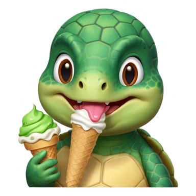 cute turtle portrait, head and shoulders only, licking an ice cream cone, funny happy expression, 3D cartoon, mobile game icon style, clean background, no text, no watermark
 sticker