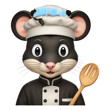 A rat with a fringe, long black hair and chefs hat sticker