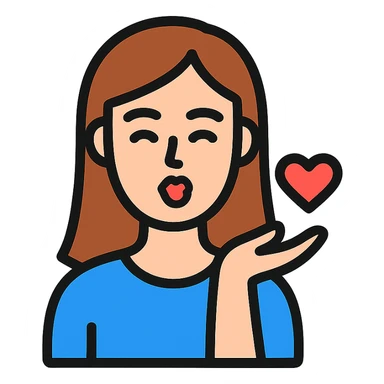 icon of a fair-skinned woman with straight, chestnut hair sending a kiss to the viewer, clean lines, minimal and clear design sticker
