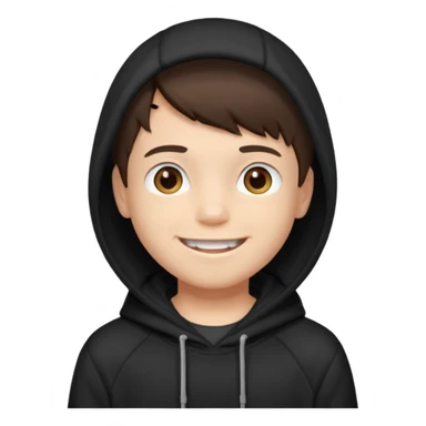 A brunette boy, short straight hair, light brown eyes, with a black sweatshirt with a hoodie, and smile without teeth  sticker