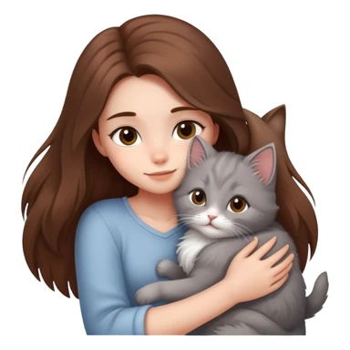 A girl with long hair tightly hugged a kitten sticker