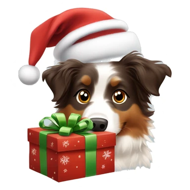 Red tri Australian Shepherd opening a Christmas present ￼ sticker