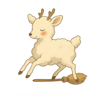 soft vanilla cloud doe with rosy cheeks, floating gracefully like a witch, Ghibli style sticker