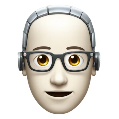 Robotic Cyborg head with fair skin, flat top haircut, rectangular glasses, circuits and smiling  sticker