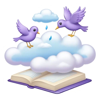 Create a whimsical and poetic emoji symbolizing poetry. The design should have several elegant pages floating smoothly in the air with short poetic columns written on them. Surround the pages with soft, fluffy clouds and include white birds flying out of the clouds, symbolizing freedom and creativity. Add a white pen resting gracefully on the pages and an inkwell. The overall color palette should include soft pastel tones such as light blue, purple and cream, which will add airiness and dreaminess to the design. Make the background transparent sticker