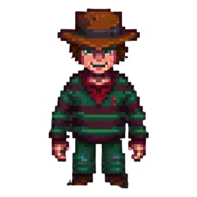 Freddy Krueger in pixel art style, menacing pose, classic striped sweater sticker