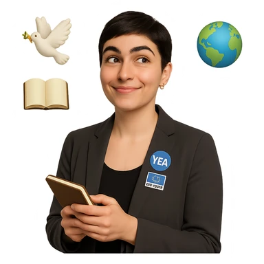Change the hairstyle to a short haircut while keeping her friendly, thoughtful, and playful expression. She should wear a smart-casual blazer with a YEA or EU4Youth badge. She is holding a notebook or phone. Include the floating symbols: dove, book, and globe. Preserve the transparent background. The style should match the original image's look and feel. sticker