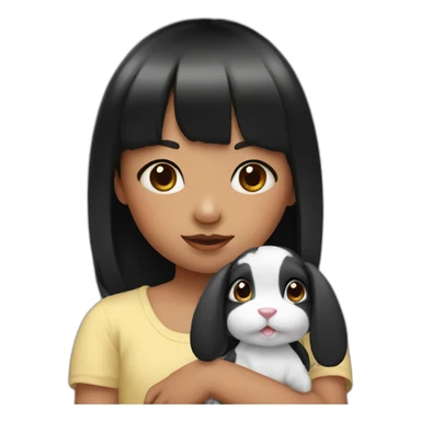 Little girl with black bangs holding rabbit sticker