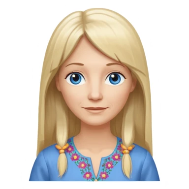 50 yr old white woman, hippie part bangs, very long straight blond hair, oval face, small smile, blue eyes, thin face, hair downback, hair parted at center of head, round cheeks, pale, longer hair, dress shirt sticker