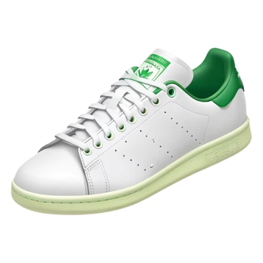 Adidas Stan Smith in white and green colorway, simple clean tennis shoe, white leather with green details, angled view, isolated sticker