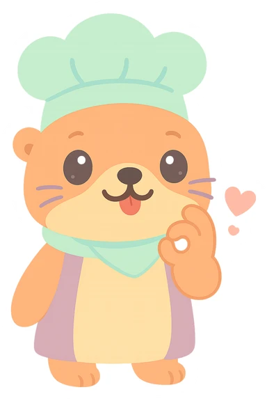 Move the otter's hand so it is almost touching its mouth in the chef's kiss gesture, keep the red heart, kawaii style with transparent background. sticker