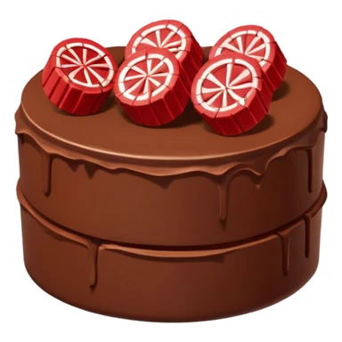 Bolo de chocolate cilíndrico, com fatias de morango em cima e a parede do bolo ao redor de kitkat sticker