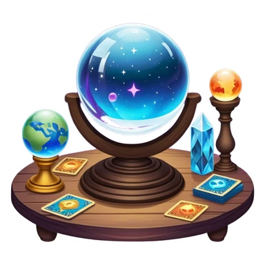 a mystical icon featuring a crystal ball (fortune-telling sphere) on a table with tarot cards scattered around. Surround the scene with planets, stars, and zodiac signs. The design is vibrant, magical, and evoke a sense of mystery and spirituality, with glowing effects and a cosmic atmosphere. sticker