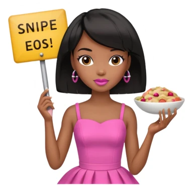 Black barbie, short  black bob  hair, pink dress eating with a sign that says snipe sticker