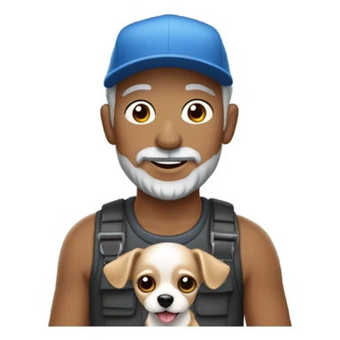 blue eyed man with gray hair gray goatee wearing ball cap holding chihuahua with long black hair sticker
