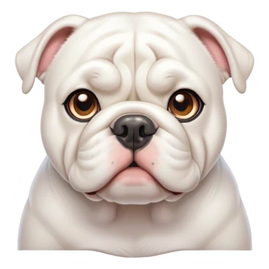 Cinematic Cute White English Bulldog Portrait Emoji, Head tilted playfully and inquisitively, featuring a silky pure white coat with a gentle sheen, round, sparkling brown eyes filled with curiosity, Simplified yet irresistibly adorable features, highly detailed, glowing with a warm, friendly glow, high shine, affectionate and charming, stylized with a touch of whimsy, bright and endearing, soft glowing outline, capturing the essence of a mischievous yet loving companion, so playful it feels like it could bound out of the screen and into your arms! sticker