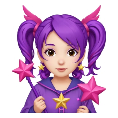 Create an emoji of a fairy-like woman with purple hair tied into two pigtails, red stars in her hair, wearing a pink outfit and pink wings. She is holding a pink star-shaped wand and wearing purple circular earrings. sticker