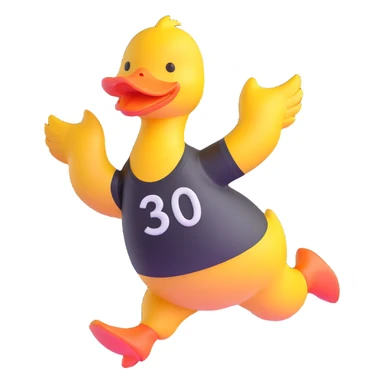 dancing duck with a race number sticker