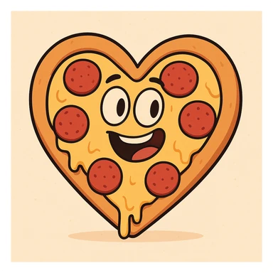 a heart-shaped pizza, cartoon style, with cheese and pepperoni, playful and colorful sticker