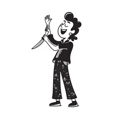 hand-drawn sketch of a savage person in 1988 outfit with mullet hair, acid wash jeans, holding knife, laughing crazily sticker