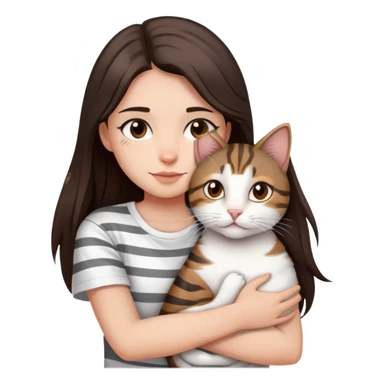 a girl with long dark brown hair, in a
white T-shirt and brown eyes, hugs a tabby
dark grey and white strips one cat sticker