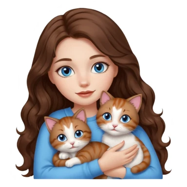 girl with long wavy brown hair, blue eyes, long lashes makeup, cuddling with 6 cute cats sticker