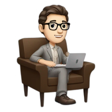 Pale skinned Fit Man With dark brown hair in gray jacket, beige office shirt, Brown pants and vintage glasses sitting In a soft chair with a notebook with emblem Ψ and a pen in his hands sticker