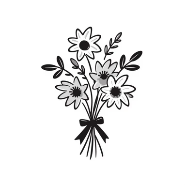 A beautiful bouquet of mixed flowers with ribbon in pastel colors (dd9fb0, ffc6d3, a3bfc9, c4bee2, f1b091), hand-drawn doodle style sticker