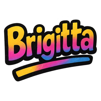 Brigitta name in modern colorful gradient font with dark outline, dynamic slanted or partial underline, transparent background, in the style of reference patterns sticker
