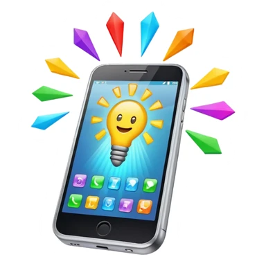 Generate a realistic emoji of a smartphone where a lot of things like data, ideas, inventions and creative stuff coming out of it. Whats coming  out of it spreads in the air  sticker