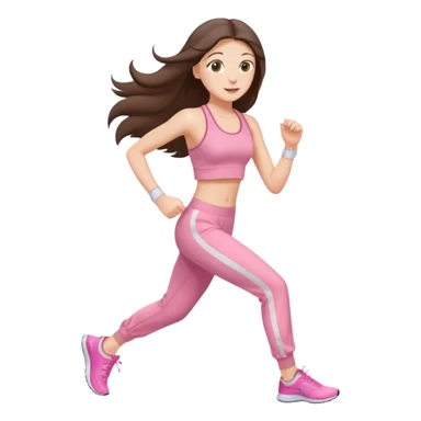 white happy brunette teen long hair with hazel eyes in light pink workout clothes jogging sticker