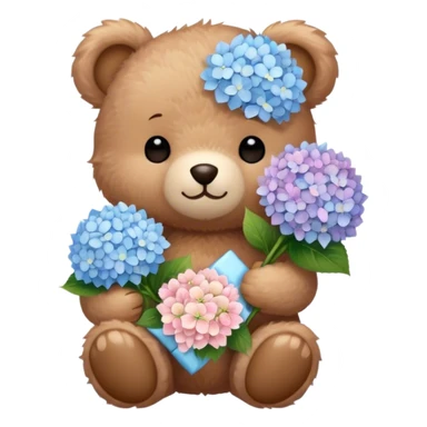 light brown teddy bear super cute holding a light pink and light blue bouquet of hydrangeas sticker