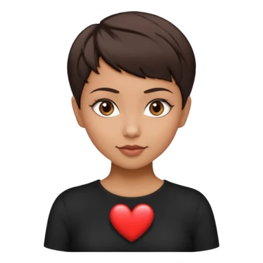 woman pixie cut dark brown hair, tan skin, brown oval eyes, heart shaped face sticker