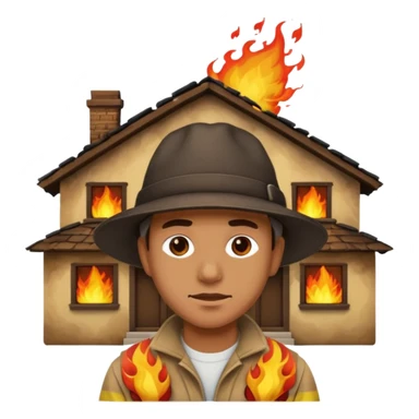 a man standing with a house burning with dramatic flames behind him, apple style emoji sticker