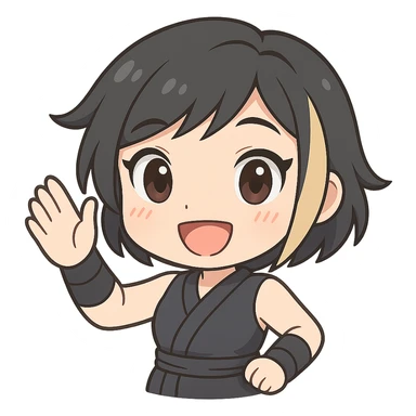 Make this exact chibi ninja girl wave to the right, keeping the same anime chibi style, face, outfit, and colors. Only change the arm position for animation. Transparent background, sized for Twitch emoji use. sticker