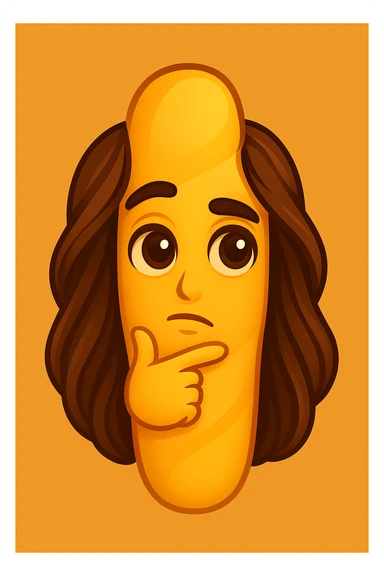 Create a cartoon style emoji in the shape of a breadstick with a thoughtful expression. The emoji should faithfully capture the facial features of the person in the reference photo: large, deep eyes, prominent eyebrows, closed mouth, delicate features, and long stylized hair on the sides of the breadstick. Use warm colors and convey a friendly, charming atmosphere. sticker