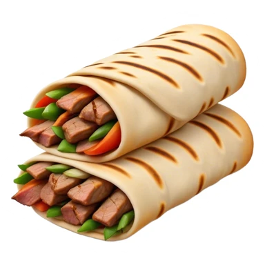 Cinematic Realistic Shawarma Dish Emoji, showcasing spiced, succulent meat wrapped in flatbread with fresh vegetables rendered with lifelike detail and dynamic, appetizing lighting. sticker