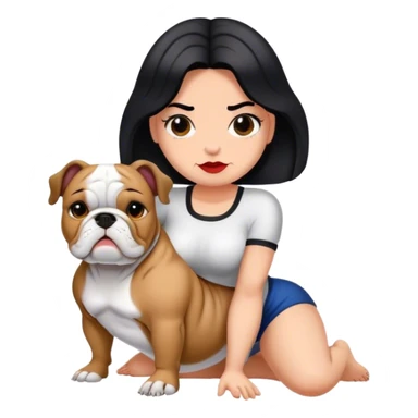 Mujer de cabello negro lacio con un bulldog francés de muchas manchitas sticker